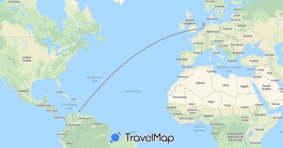 TravelMap itinerary: driving, plane in Curaçao, Netherlands (Europe, South America)